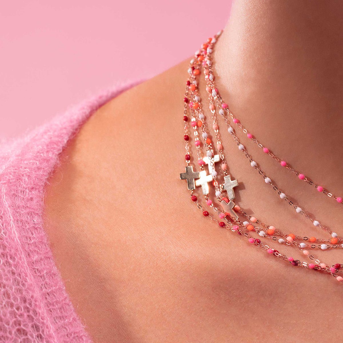 Collier Fantaisie Ancien - Perles Taillées Roses - Attache Crochet - Vintage Très Bon état