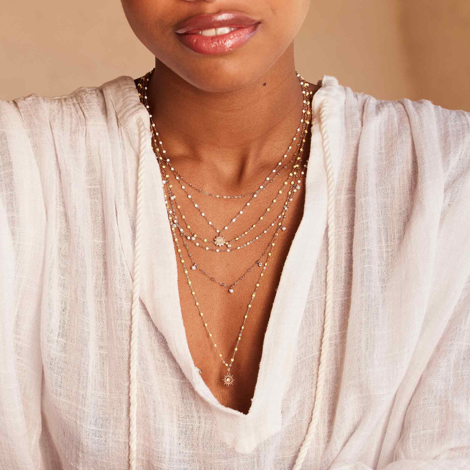 Gigi Clozeau - Collier blanc Lucky Sun, diamant, or rose, 42 cm