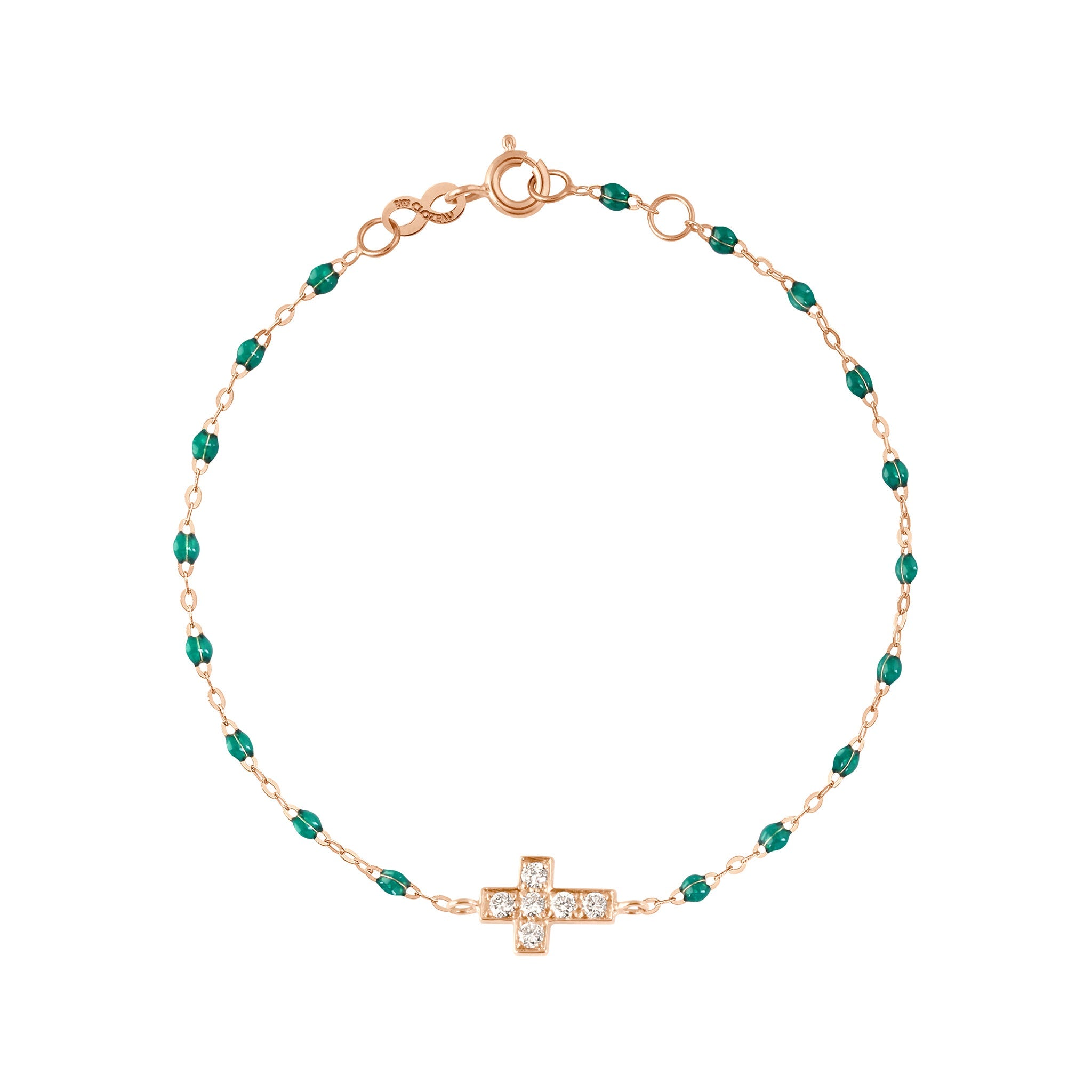 Gigi Clozeau - Bracelet émeraude Croix diamants, or rose, 17 cm