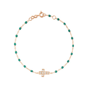 Gigi Clozeau - Bracelet émeraude Croix diamants, or rose, 17 cm