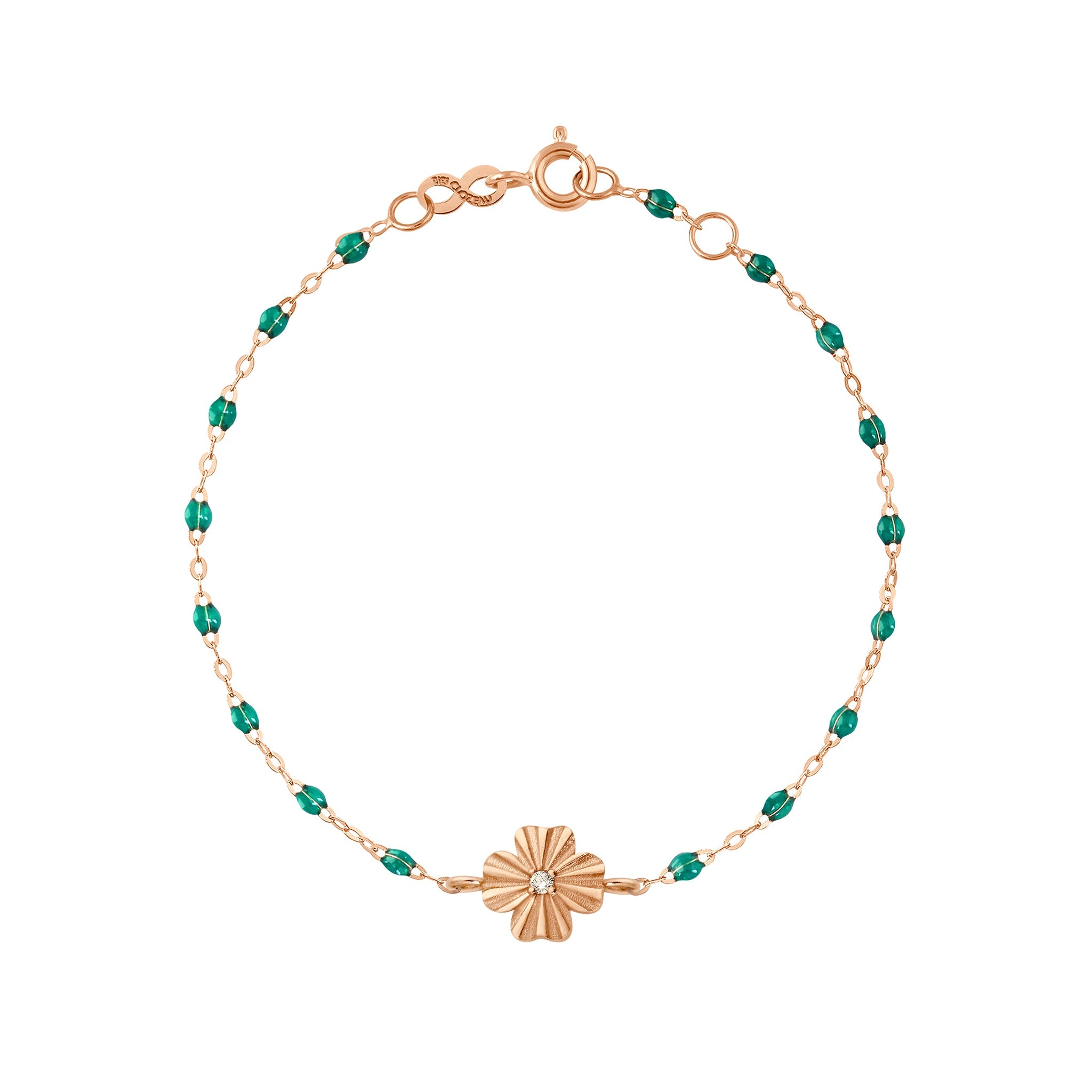 Gigi Clozeau - Bracelet émeraude Trèfle Lumière, diamant, or rose, 17 cm