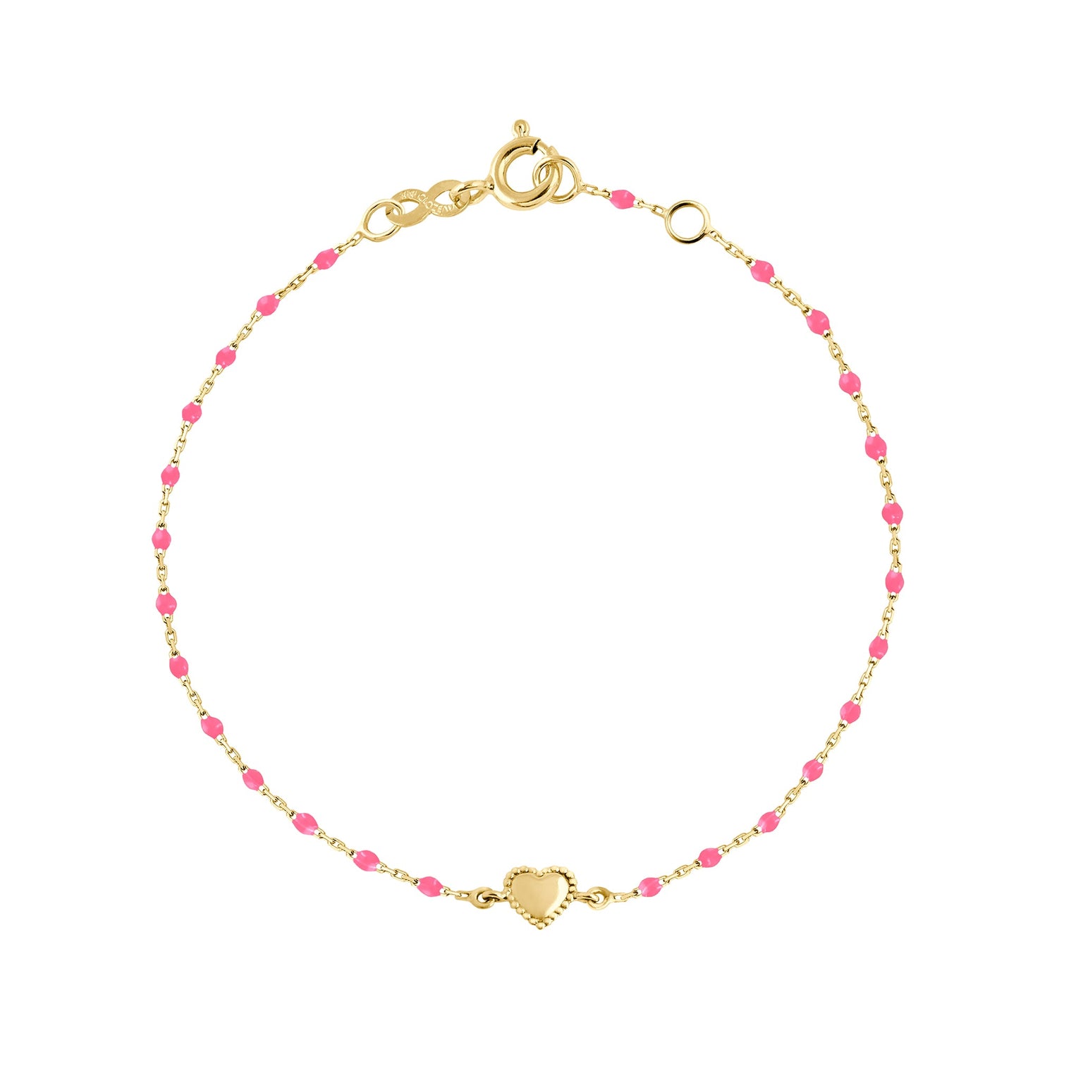 Gigi Clozeau - Bracelet Lucky Coeur, or jaune et mini perles de résine rose fluo, 17 cm