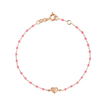 Gigi Clozeau - Bracelet Lucky Coeur, or rose et mini perles de résine rose fluo, 17 cm