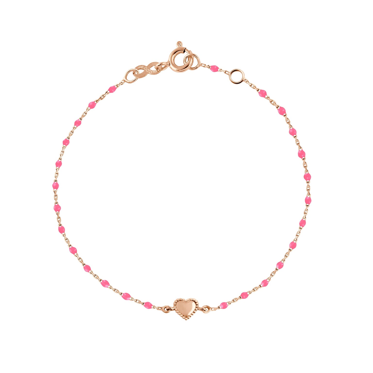 Gigi Clozeau - Bracelet Lucky Coeur, or rose et mini perles de résine rose fluo, 17 cm