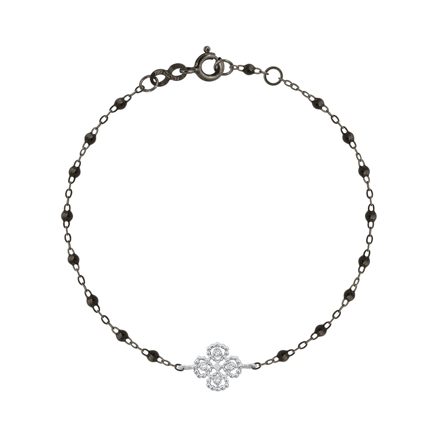 Gigi Clozeau - Bracelet noir Lucky Trèfle, diamants, or noir et blanc, 17 cm