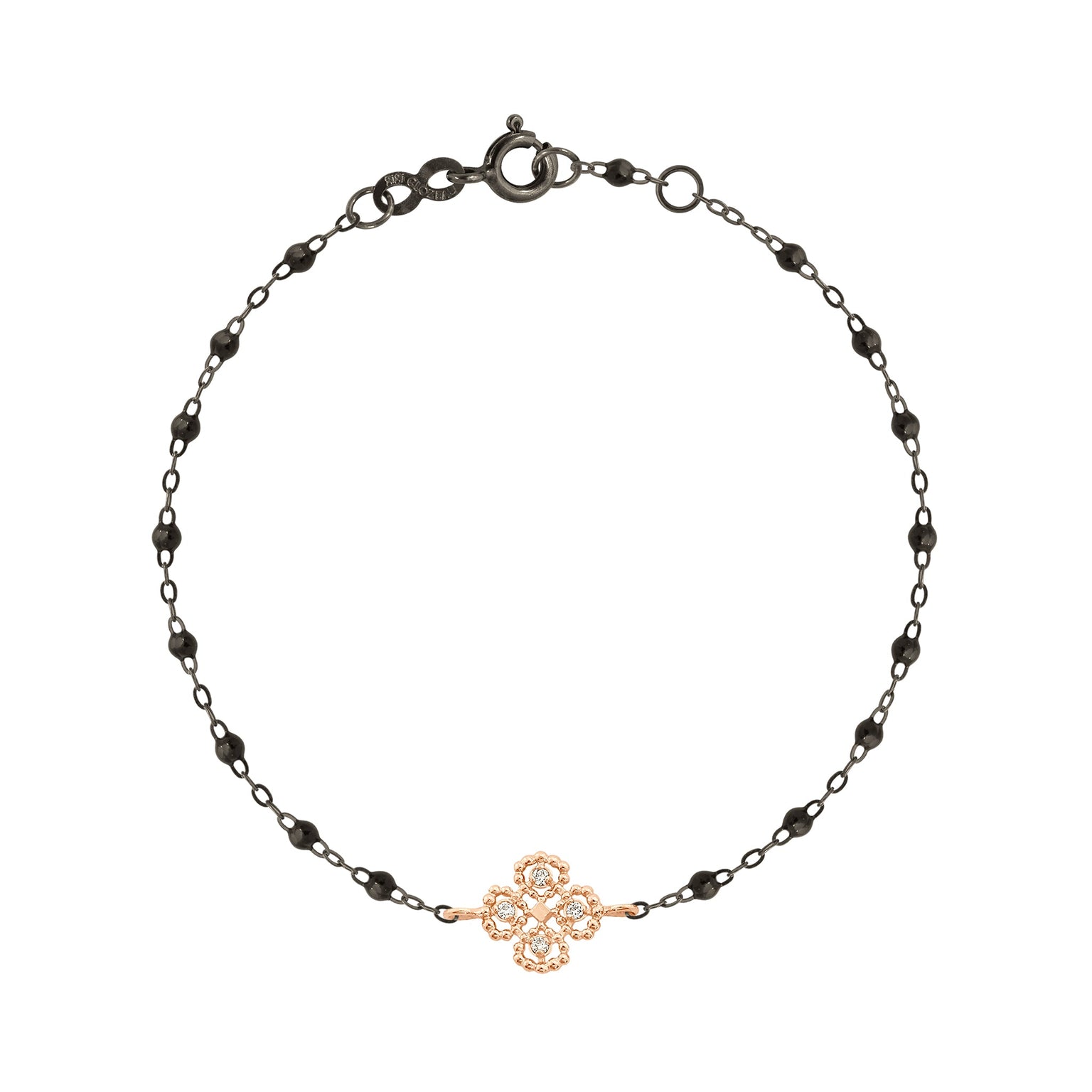 Gigi Clozeau - Bracelet noir Lucky Trèfle, diamants, or noir et rose, 17 cm