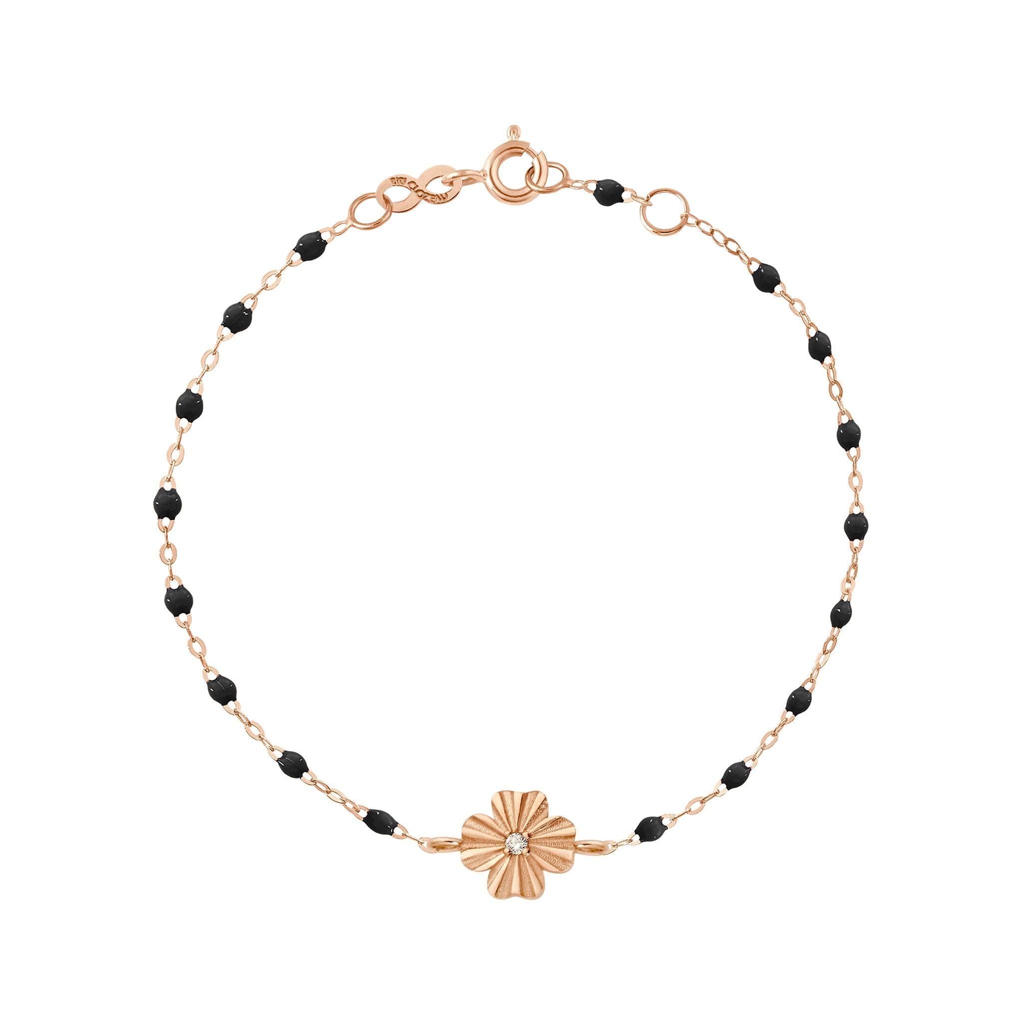 Gigi Clozeau - Bracelet noir Trèfle Lumière, diamant, or rose, 17 cm