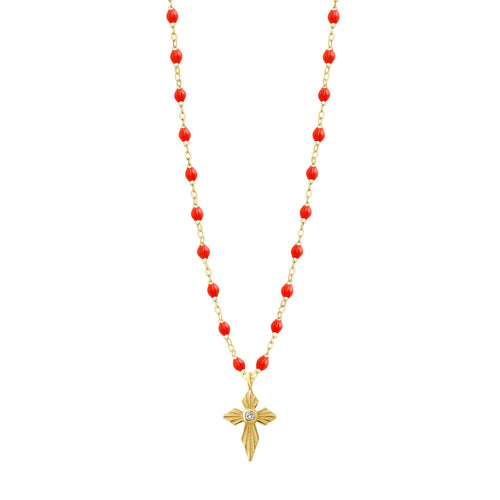 Gigi Clozeau - Collier corail Croix Lumière diamants, or jaune, 42 cm