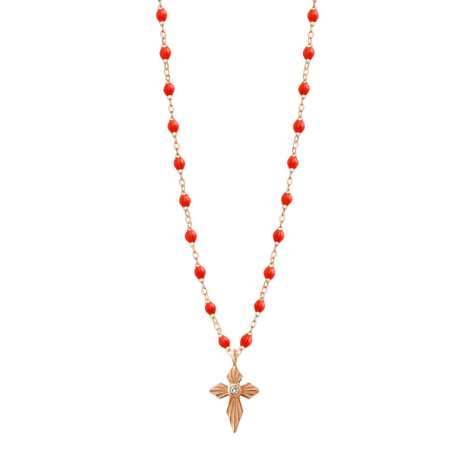 Gigi Clozeau - Collier corail Croix Lumière diamants, or rose, 42 cm