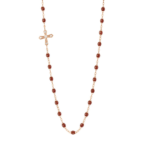 Gigi Clozeau - Collier moka Croix Vintage, diamants, or rose, 42 cm