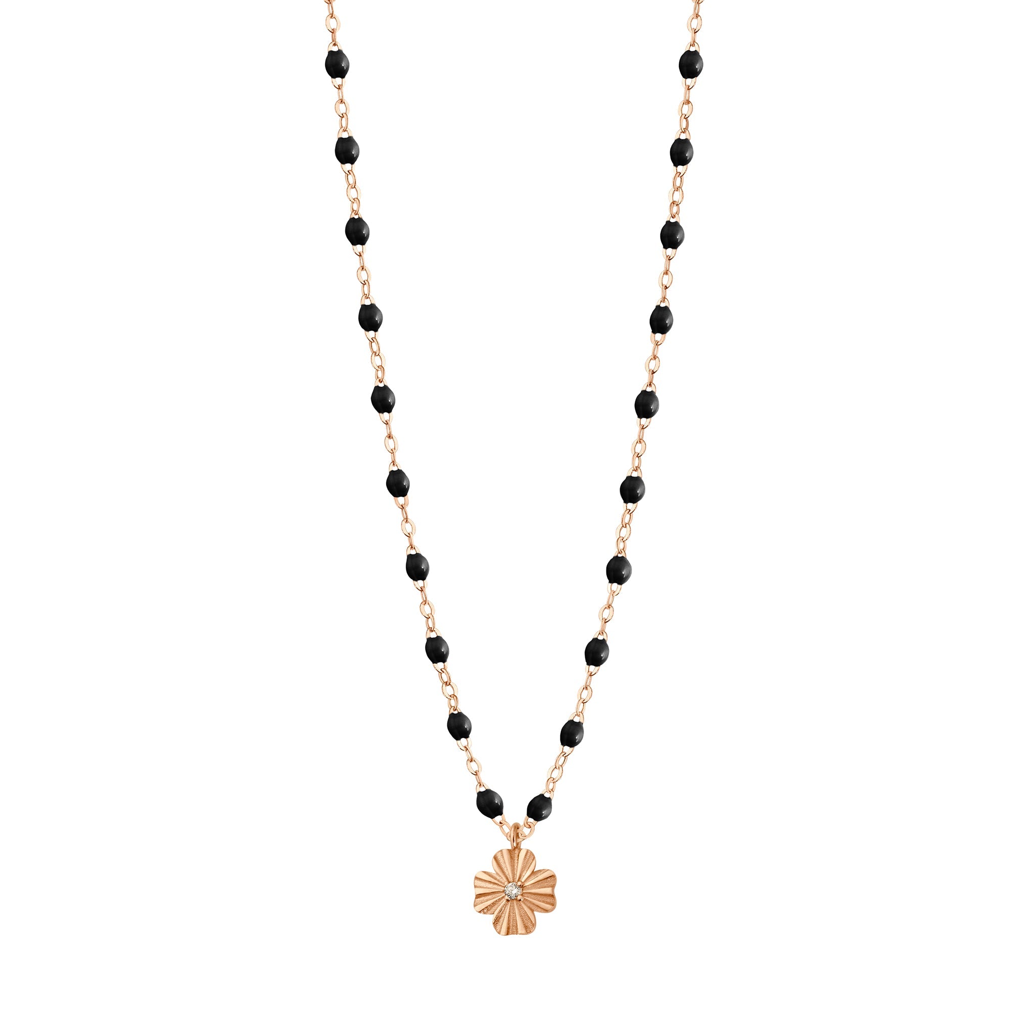 Gigi Clozeau - Collier noir Trèfle Lumière, diamant, or rose, 42 cm