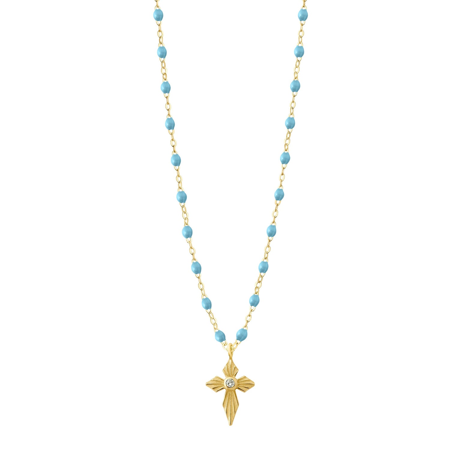 Gigi Clozeau - Collier turquoise Croix Lumière diamants, or jaune, 42 cm