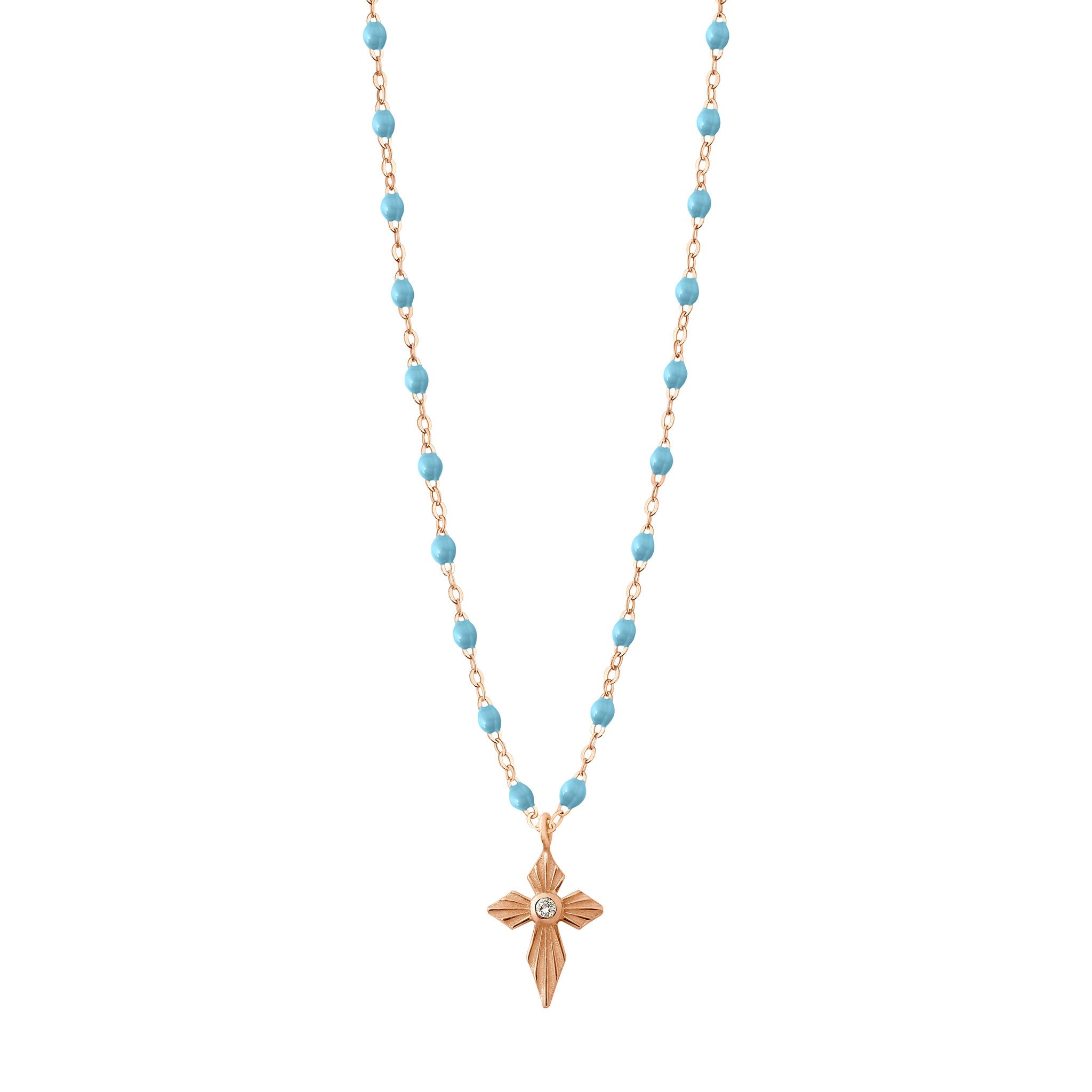 Gigi Clozeau - Collier turquoise Croix Lumière diamants, or rose, 42 cm