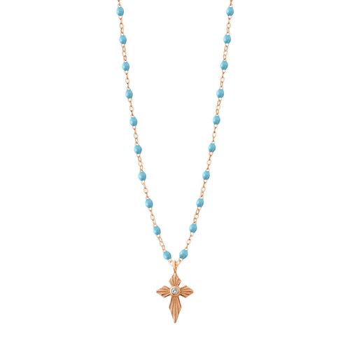 Gigi Clozeau - Collier turquoise Croix Lumière diamants, or rose, 42 cm