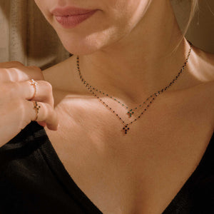 Gigi Clozeau - Collier noir Croix Perlée, or rose, 1 diamant, 42 cm