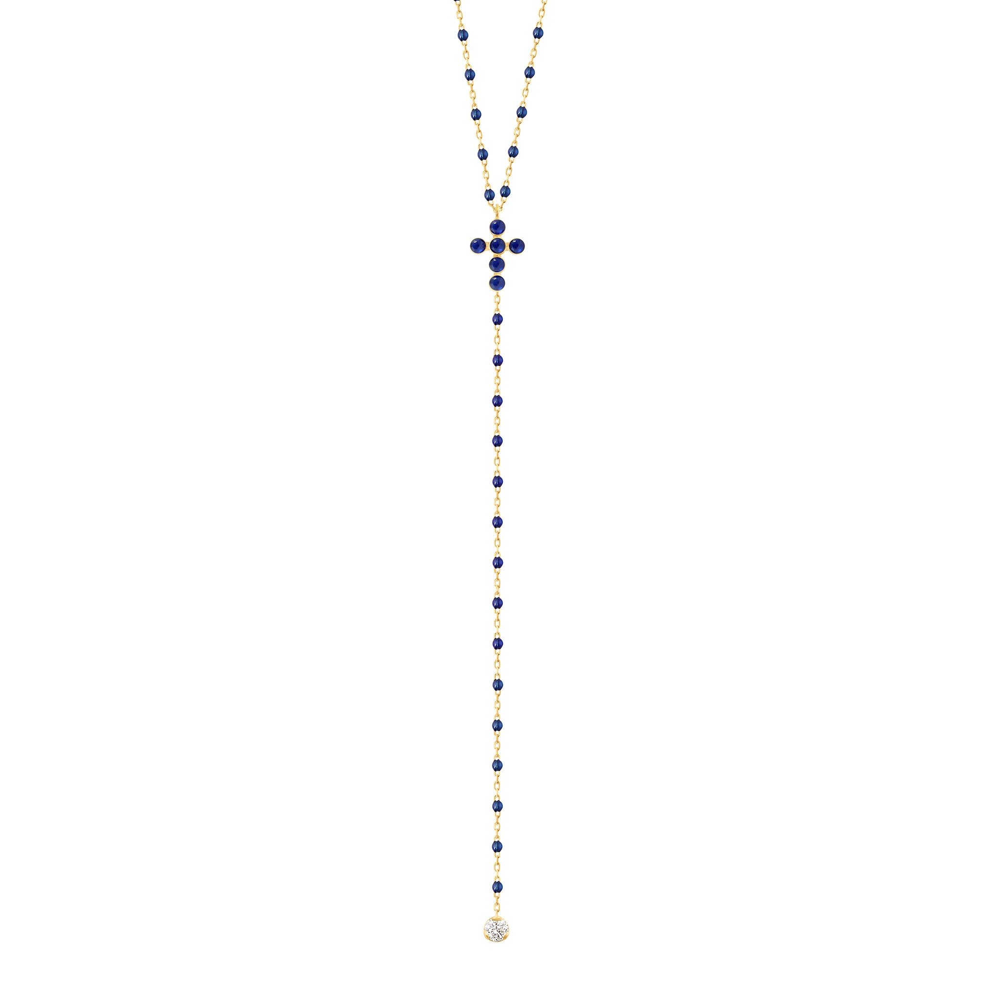 Gigi Clozeau - Chapelet prusse Croix Perlée, diamants, or jaune, 42 cm