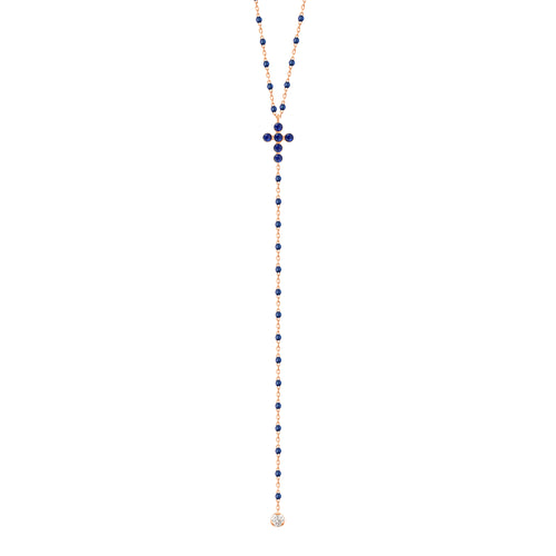 Gigi Clozeau - Chapelet prusse Croix Perlée, diamants, or rose, 42 cm