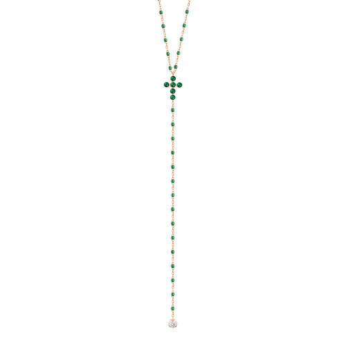 Chapelet émeraude Croix Perlée, diamants, or rose, 42 cm