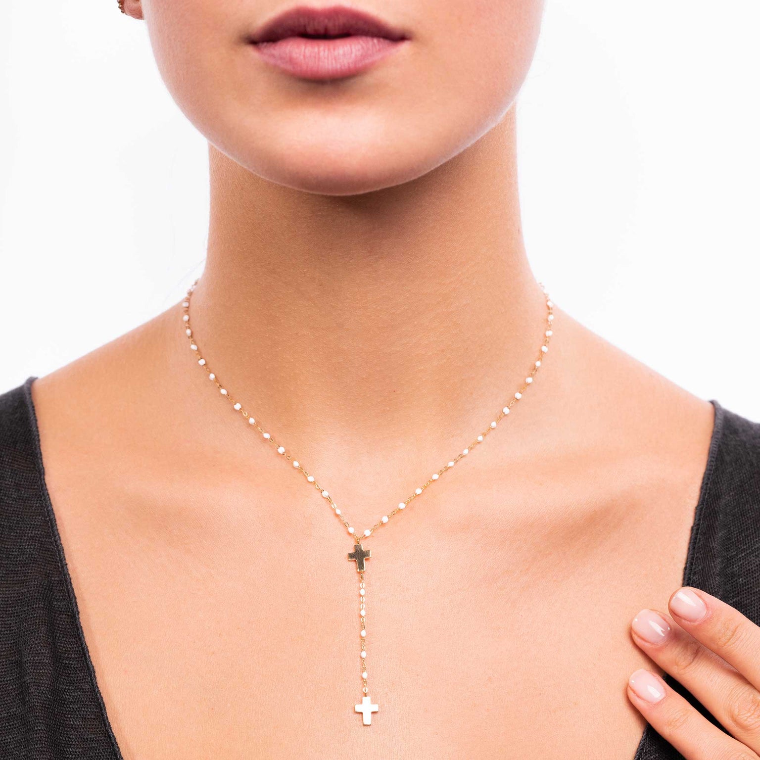 Cross Charm Classic Gigi White rosary, Yellow Gold, 42 cm – Gigi