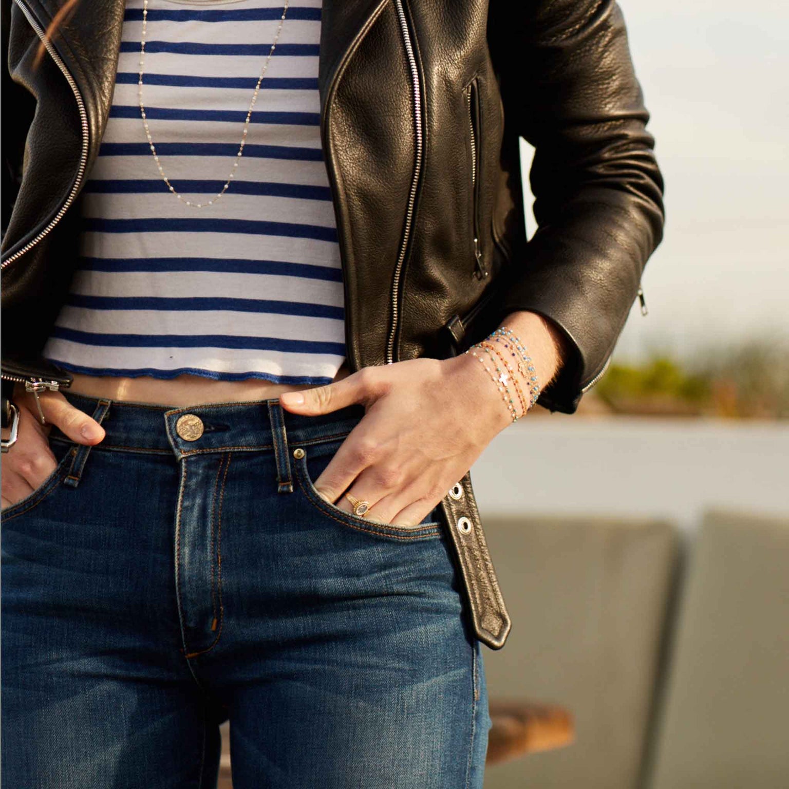 Gigi Clozeau - Bracelet vert d'eau Croix, or jaune, 17cm