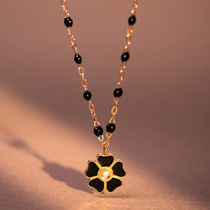 Gigi Clozeau - Collier noir Fleur, diamant, or rose, 42 cm
