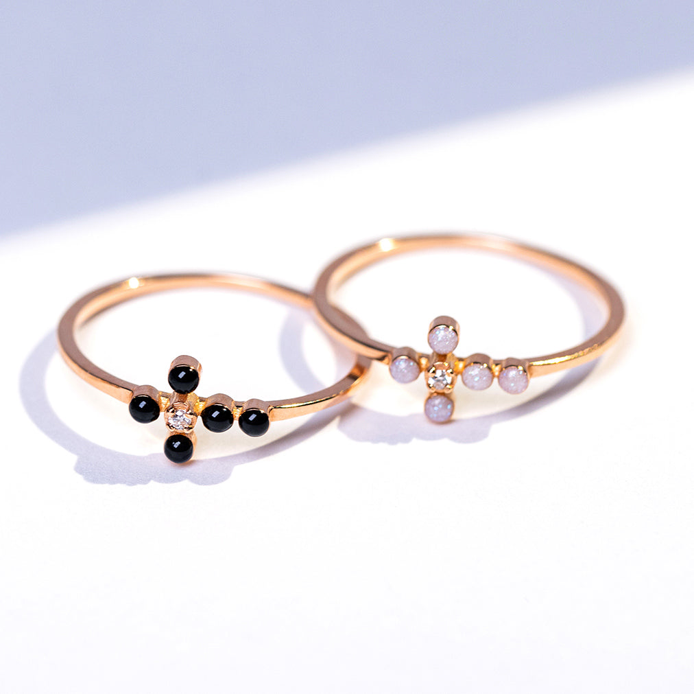 Croix Bague Noir Et Or Bague Noire Croix Perlée, Diamant, Or Rose