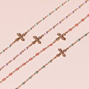 Gigi Clozeau - Bracelet corail Croix Vintage diamants, or rose, 17 cm