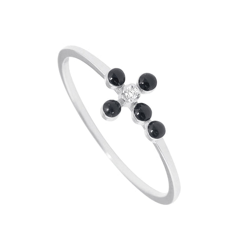 Gigi Clozeau - Bague noire Croix Perlée, diamant, or blanc, T 48