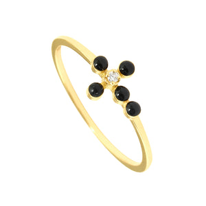 Gigi Clozeau - Bague noire Croix Perlée, diamant, or jaune, T 48