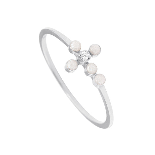 Gigi Clozeau - Bague opale Croix Perlée, diamant, or blanc, T 48