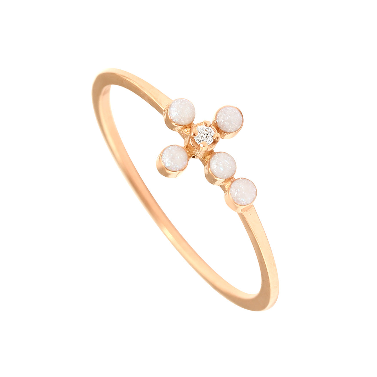 Gigi Clozeau - Bague opale Croix Perlée, diamant, or rose, T 48