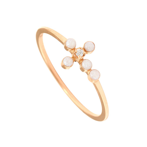 Gigi Clozeau - Bague opale Croix Perlée, diamant, or rose, T 49