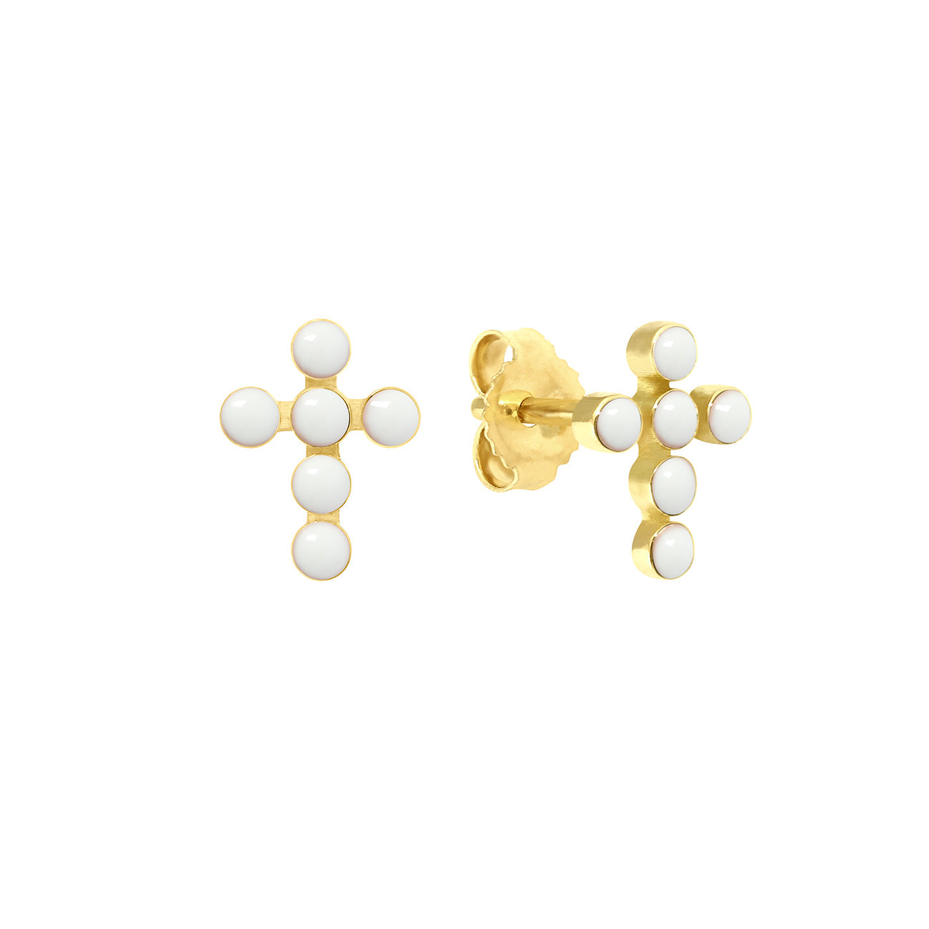 Gigi Clozeau - Boucles d'oreilles blanche Croix Perlée, or jaune