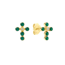 Gigi Clozeau - Boucles d'oreilles émeraude Croix Perlée, or jaune, diamants