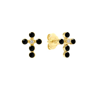 Gigi Clozeau - Boucles d'oreilles noire Croix Perlée, or jaune, diamants