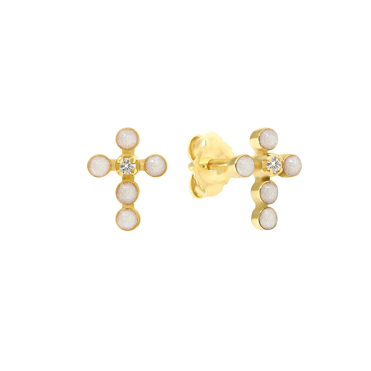 Boucles D'oreilles Vintage Perles Croix Cristaux Or - Bijou Ancien Stock Percé
