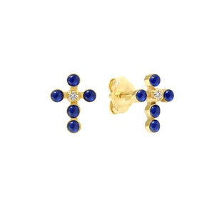 Gigi Clozeau - Boucles d'oreilles prusse Croix Perlée, or jaune, diamants