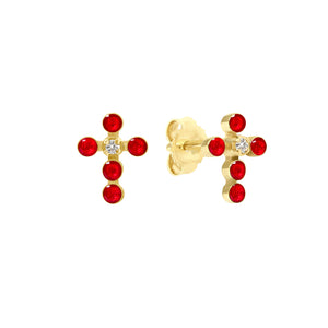 Gigi Clozeau - Boucles d'oreilles rubis Croix Perlée, or jaune, diamants