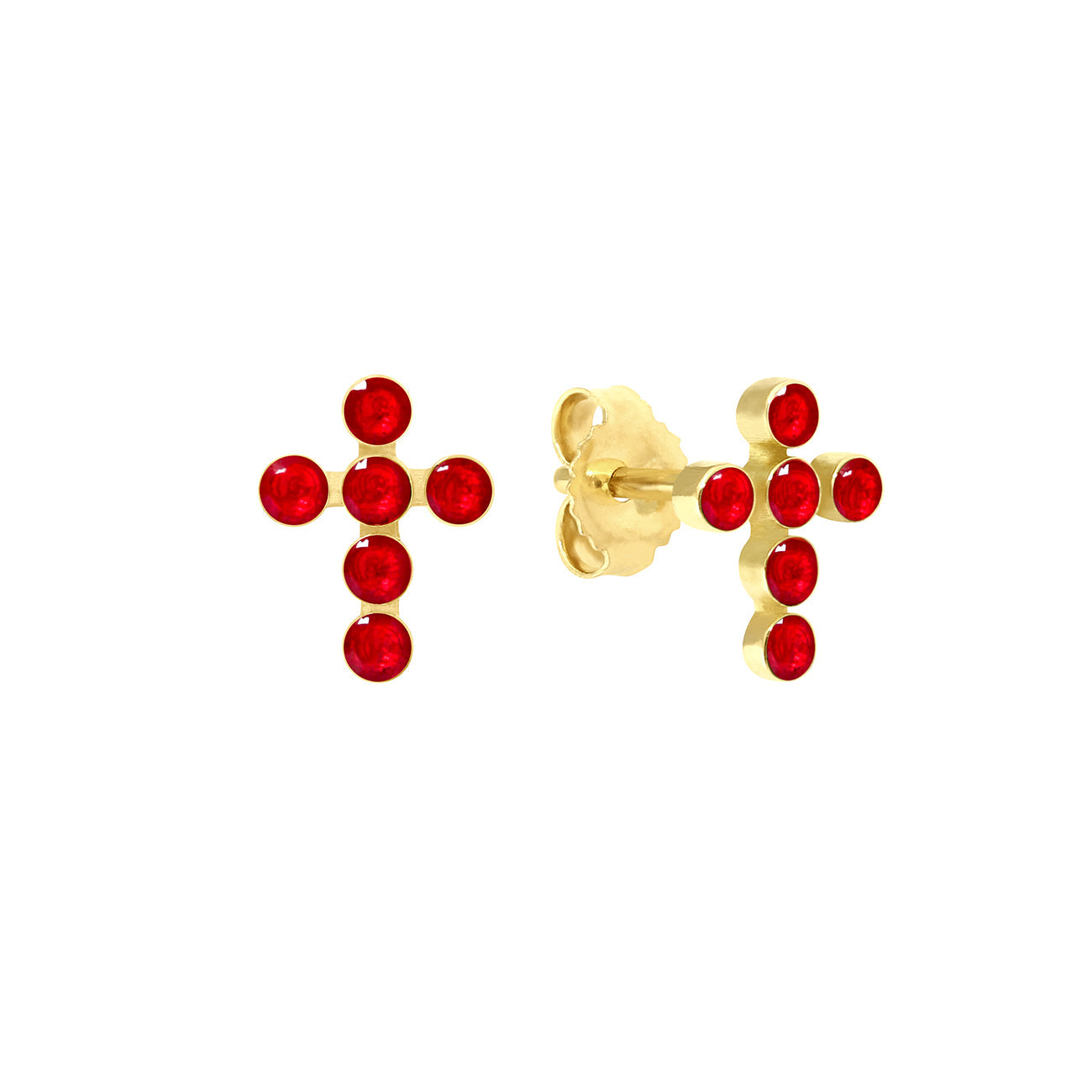 Gigi Clozeau - Boucles d'oreilles rubis Croix Perlée, or jaune