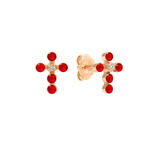 Gigi Clozeau - Boucles d'oreilles rubis Croix Perlée, or rose, diamants