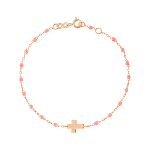 Gigi Clozeau - Bracelet bébé fuchsia Croix , or rose, 13 cm