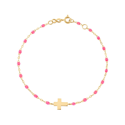 Gigi Clozeau - Bracelet bébé rose fluo Croix, or jaune, 13 cm