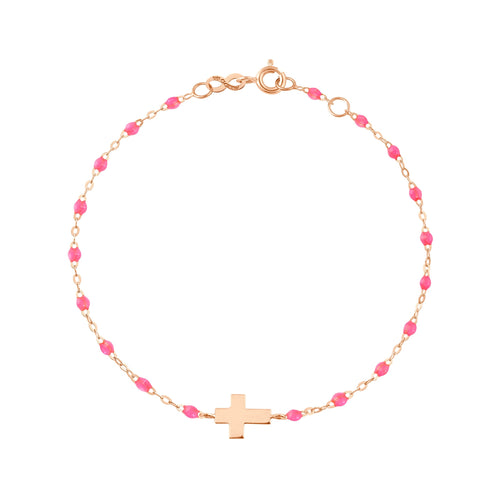 Gigi Clozeau - Bracelet bébé rose fluo Croix, or rose, 13 cm