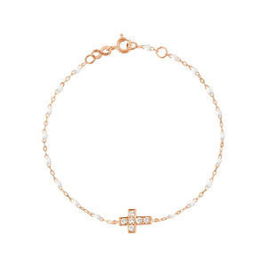 Gigi Clozeau - Bracelet blanc Croix diamants, or rose, 17 cm