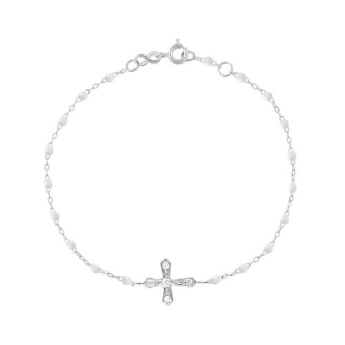 Gigi Clozeau - Bracelet blanc croix vintage diamants, or blanc, 17 cm