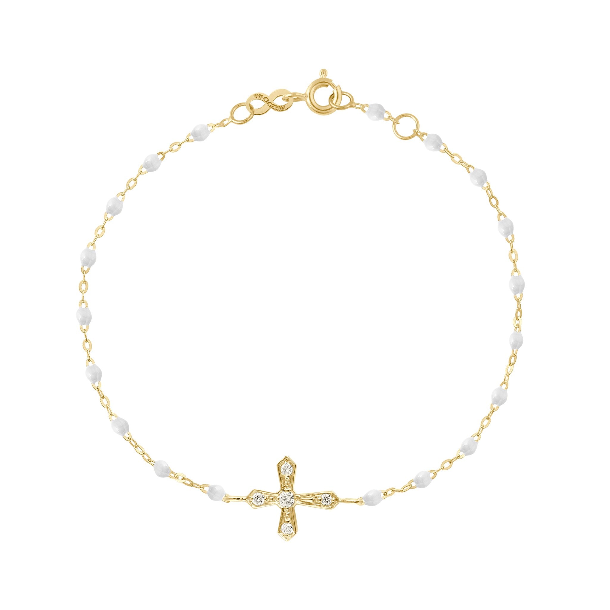 Gigi Clozeau - Bracelet blanc croix vintage diamants, or jaune, 17 cm