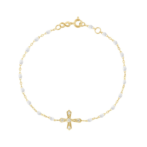 Gigi Clozeau - Bracelet blanc croix vintage diamants, or jaune, 17 cm