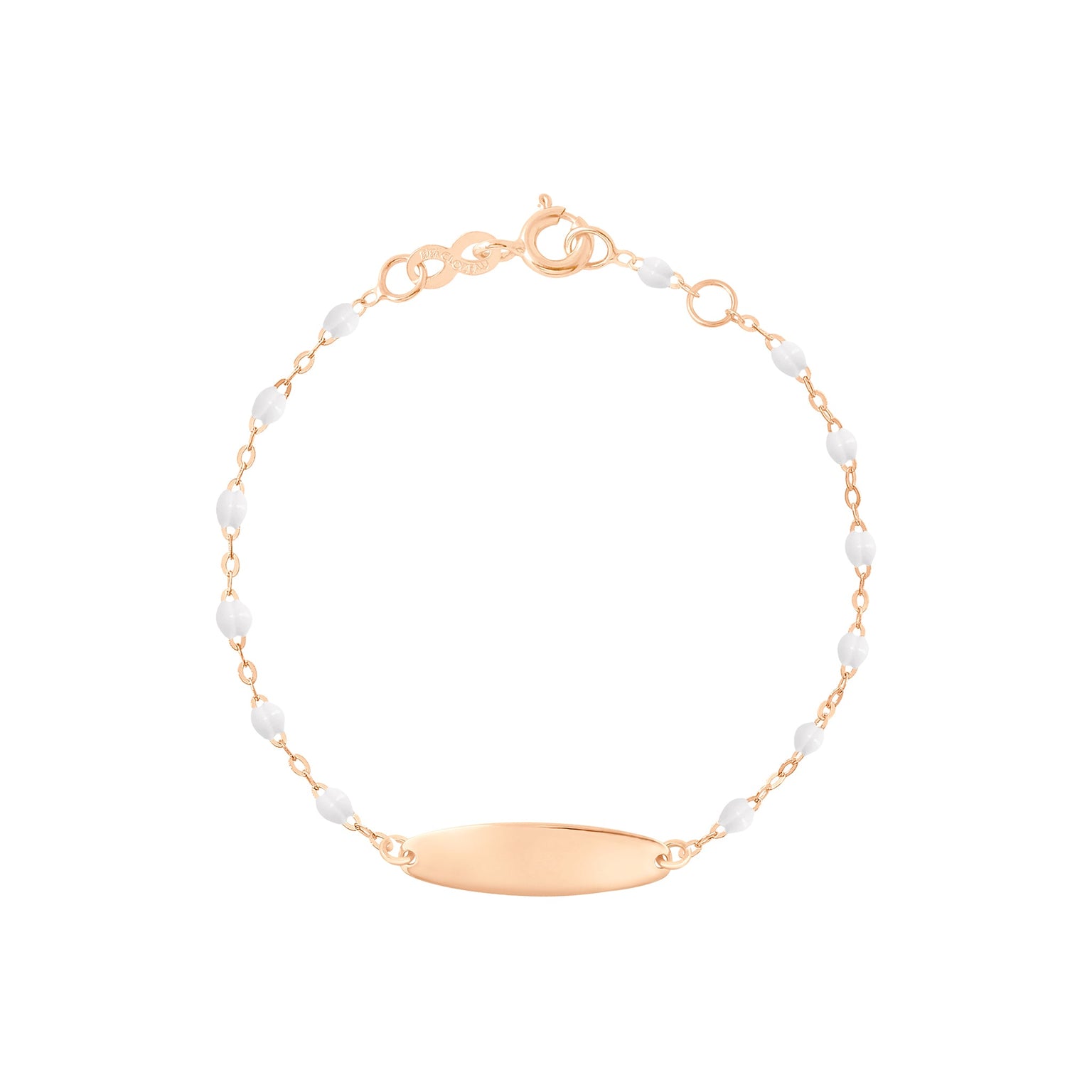 Gigi Clozeau - Bracelet blanc Little Gigi, plaque ovale, or rose, 15 cm