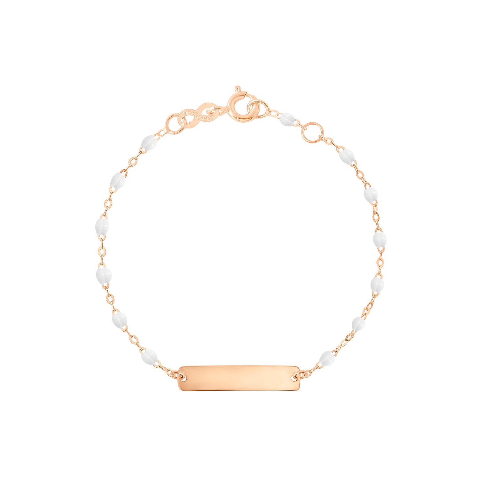 Gigi Clozeau - Bracelet blanc Little Gigi, plaque rectangle, or rose, 15 cm