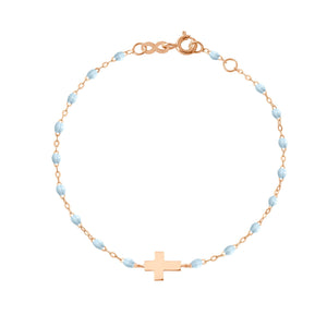 Gigi Clozeau - Bracelet bleu layette Croix, or rose, 17cm